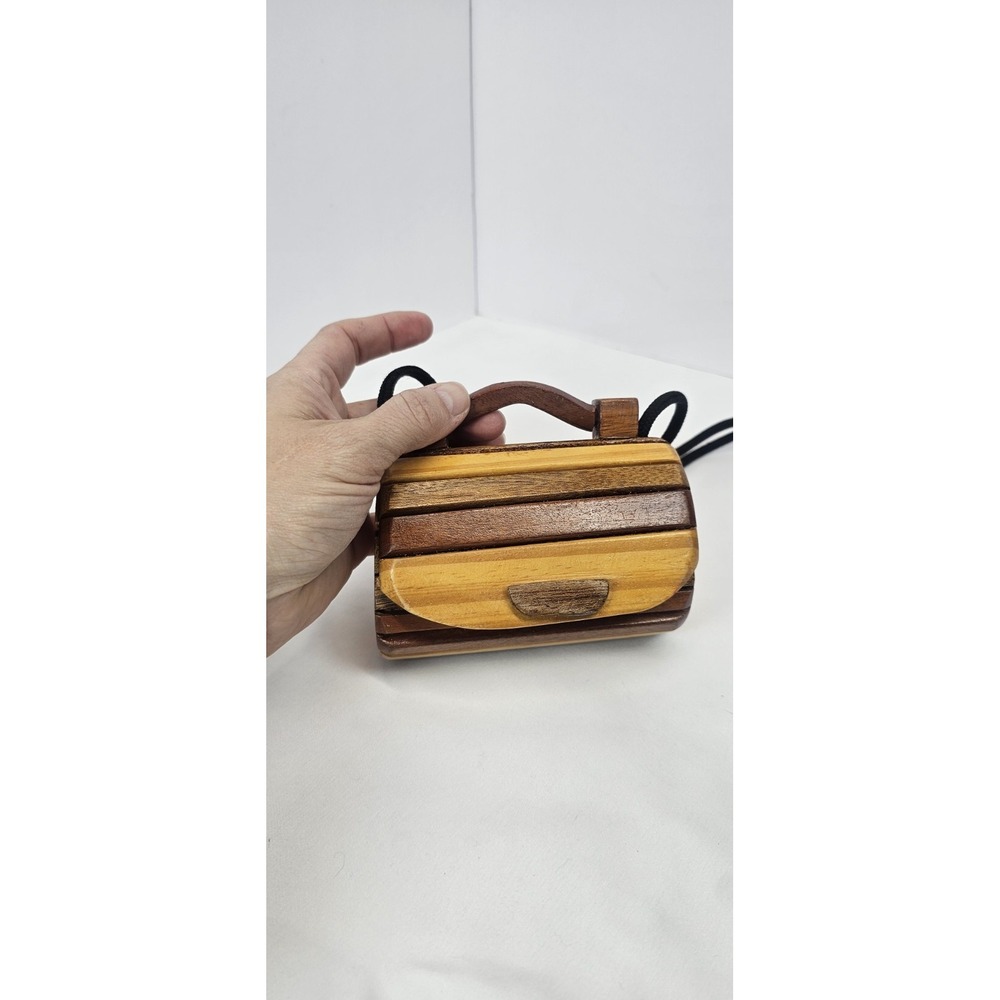Vintage Wooden Box Purse Handbag Small Striped Wood Clutch Crossbody Boho